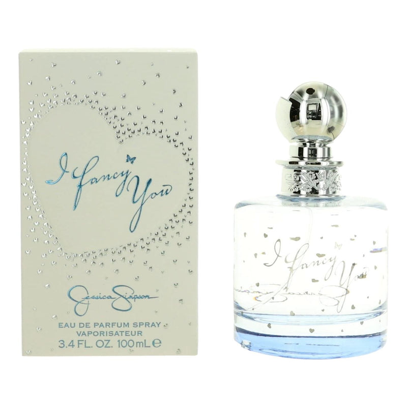 Jessica Simpson I Fancy You 3.4 oz women’s EDP spray bottle, elegant floral perfume packaging and design.
