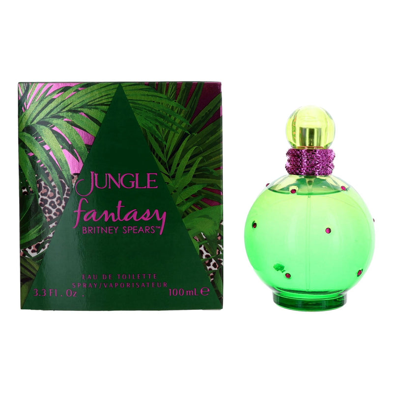 Britney Spears Jungle Fantasy 3.3 oz women's EDT spray bottle, featuring floral and fruity fragrance design.