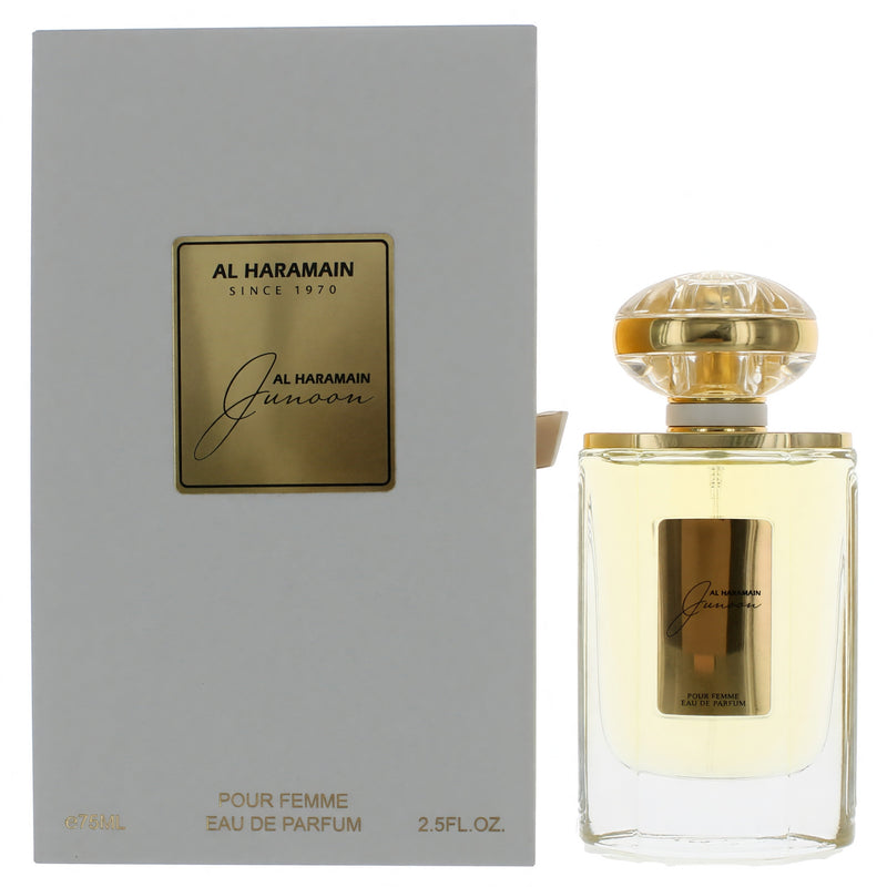 Junoon by Al Haramain 2.5 oz women's EDP spray bottle with elegant design and floral accents.