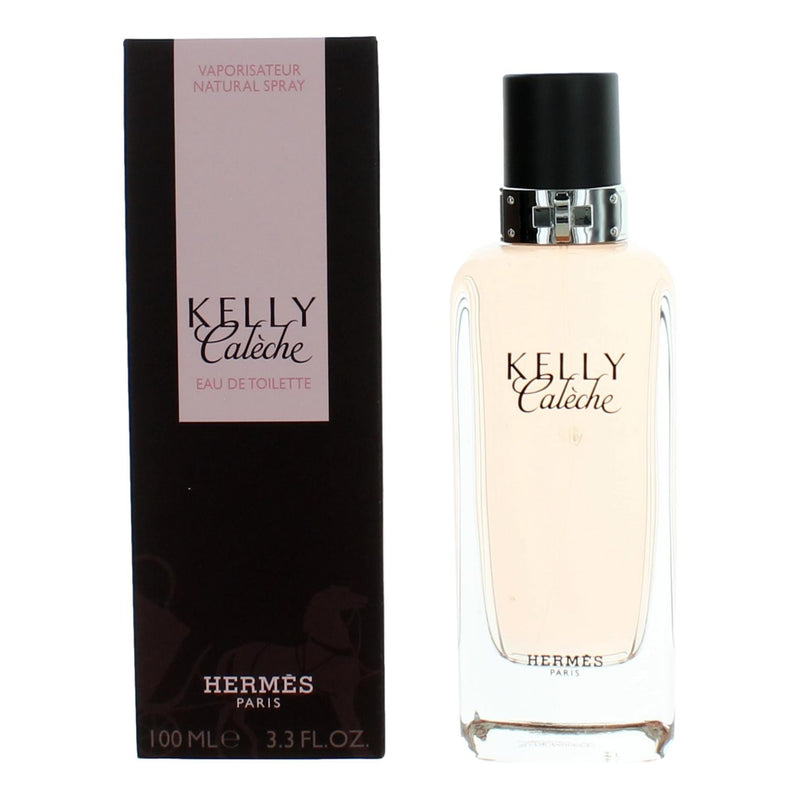 Hermes Kelly Caleche 3.3 oz women's EDT spray bottle with elegant packaging and floral perfume design.