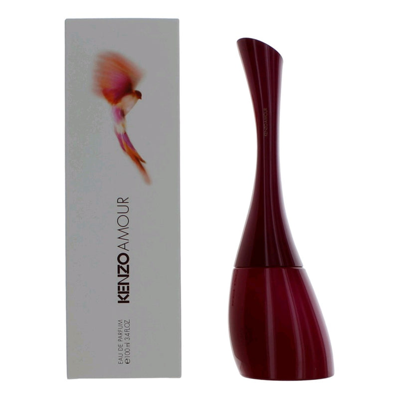 Kenzo Amour 3.4 oz women's Eau de Parfum spray bottle with elegant packaging and floral design.
