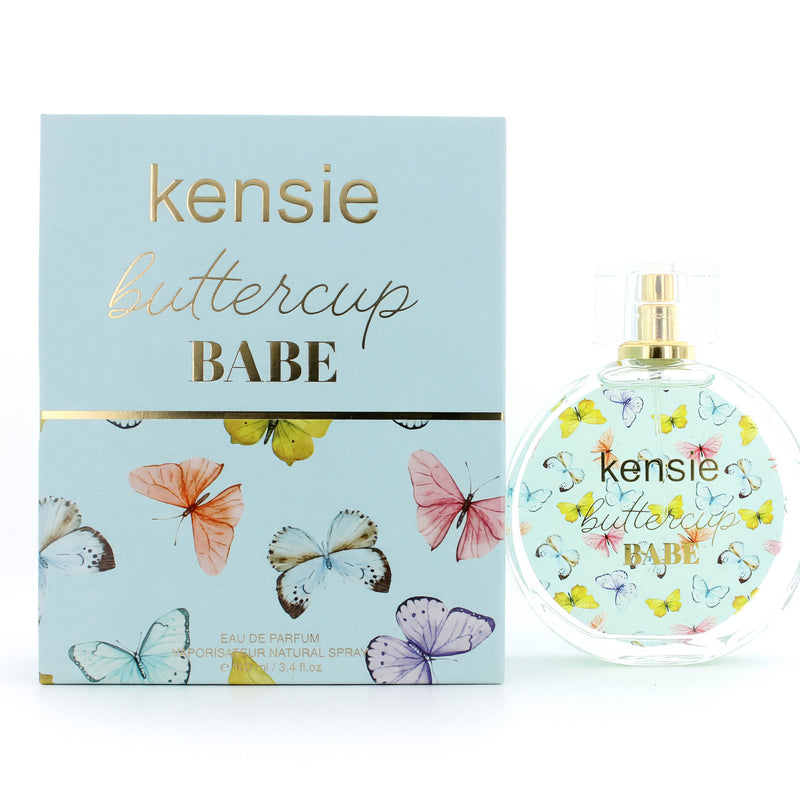 Kensie Buttercup Babe women's 3.4 oz EDP spray bottle, elegant fragrance with floral and fruity notes.