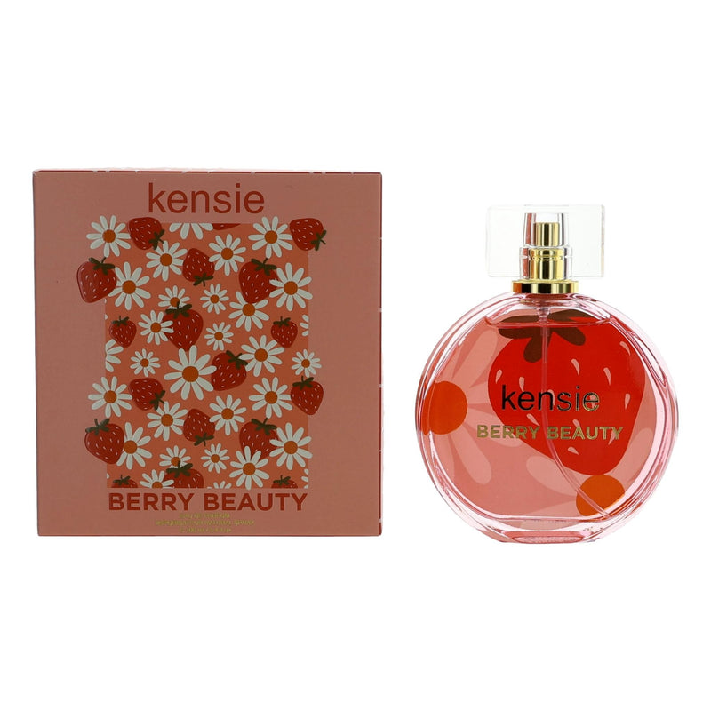 Kensie Berry Beauty perfume spray for women, 3.4 oz EDP bottle, featuring a floral and berry scent in a sleek glass design.