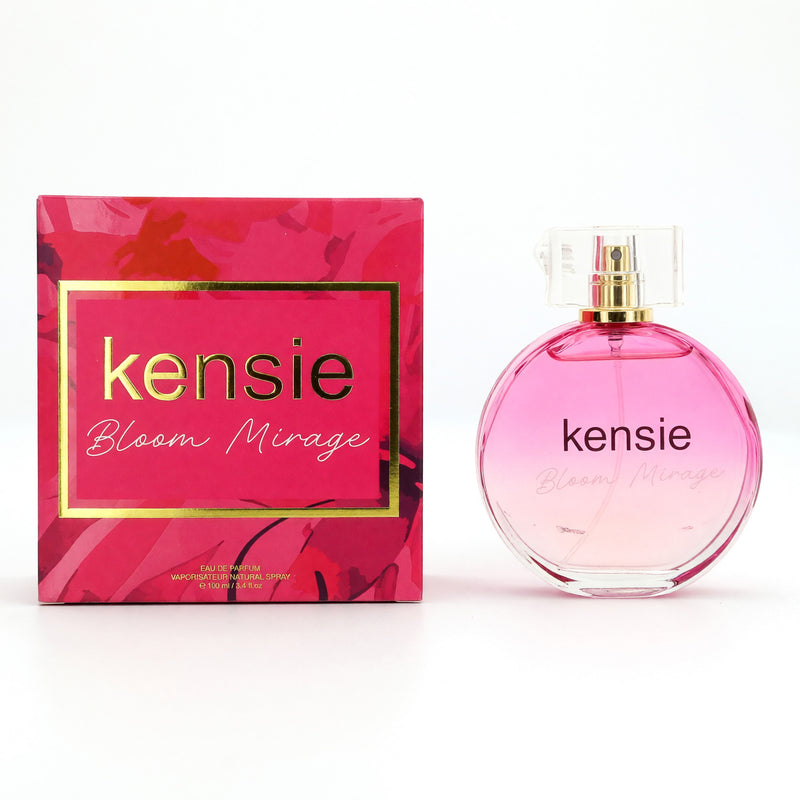 Kensie Bloom Mirage women’s 3.4 oz eau de parfum spray with floral and fruity notes, elegant bottle display.