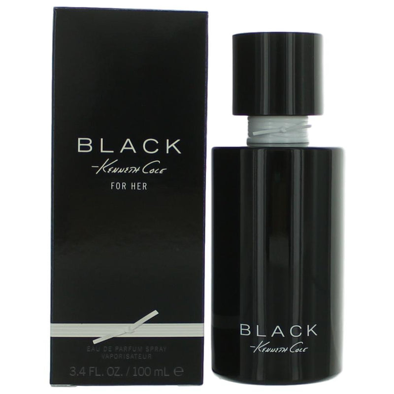 Kenneth Cole Black women’s 3.4 oz Eau de Parfum spray bottle with sleek black packaging and silver accents.