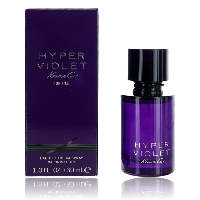 Kenneth Cole Hyper Violet perfume for women in 1 oz EDP spray bottle, elegant packaging and floral fragrance.