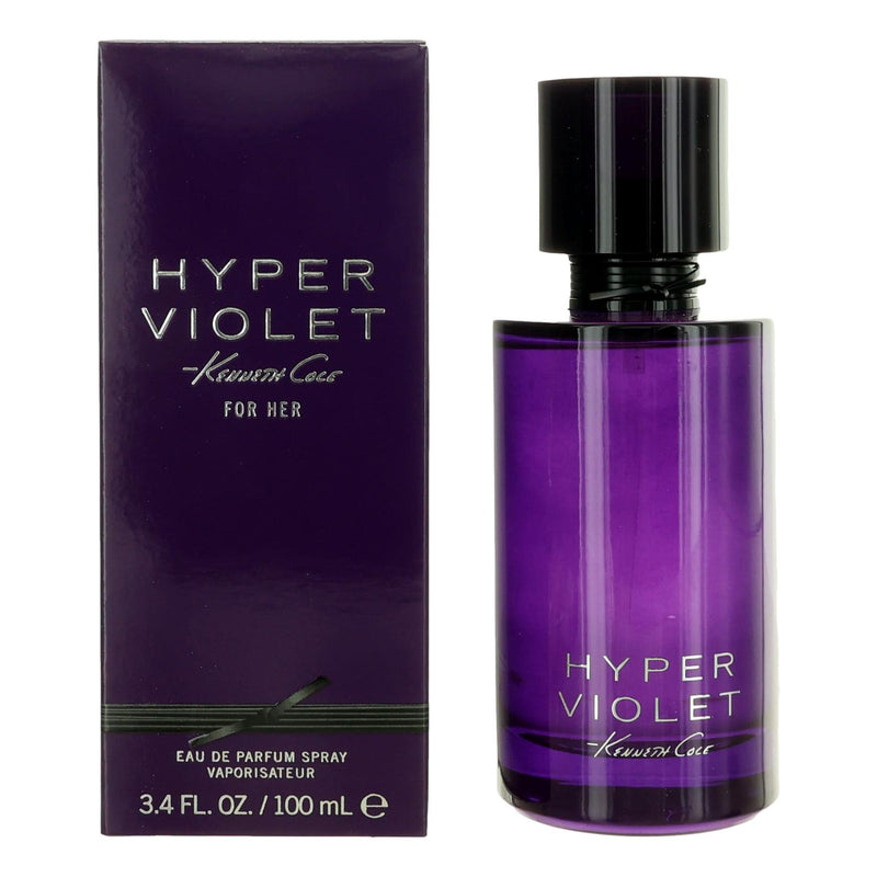 Kenneth Cole Hyper Violet women's 3.4 oz EDP spray bottle, featuring a sleek purple design and elegant packaging.