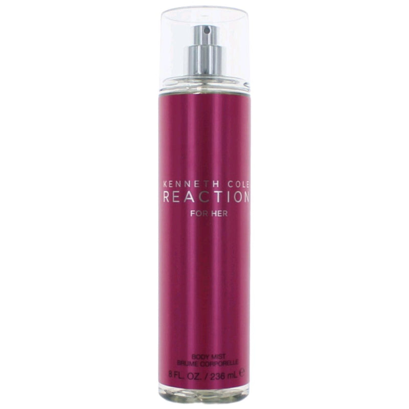 Kenneth Cole Reaction women’s 8 oz body mist bottle with clear packaging and black cap, featuring the brand logo on the label.