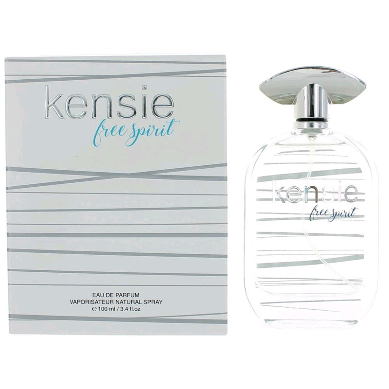 Kensie Free Spirit women's 3.4 oz EDP spray bottle, elegant packaging with floral accents, showcasing the fragrance product.