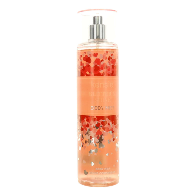 Kensie Glitter & Shine body mist for women, 8 oz bottle with clear liquid and stylish label, featuring a sparkling theme.