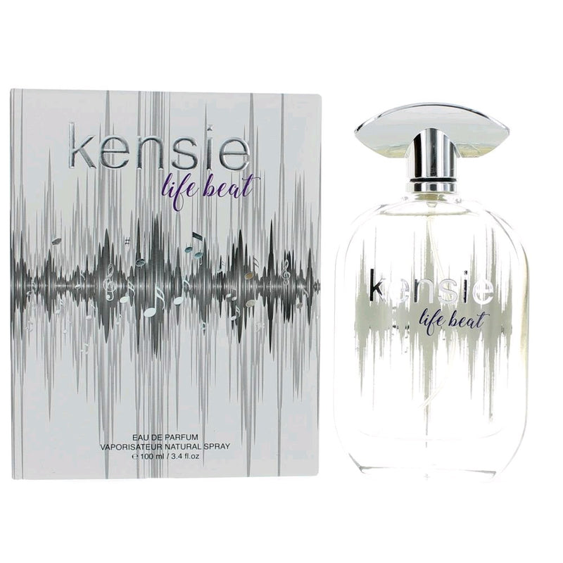 Kensie Life Beat women’s 3.4 oz EDP spray bottle, sleek packaging, ready for use.