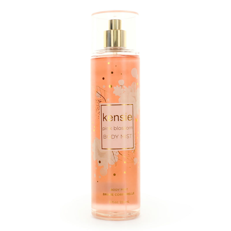Kensie Pink Blossom 8 oz body mist for women, featuring a floral fragrance bottle with pink blossom design.
