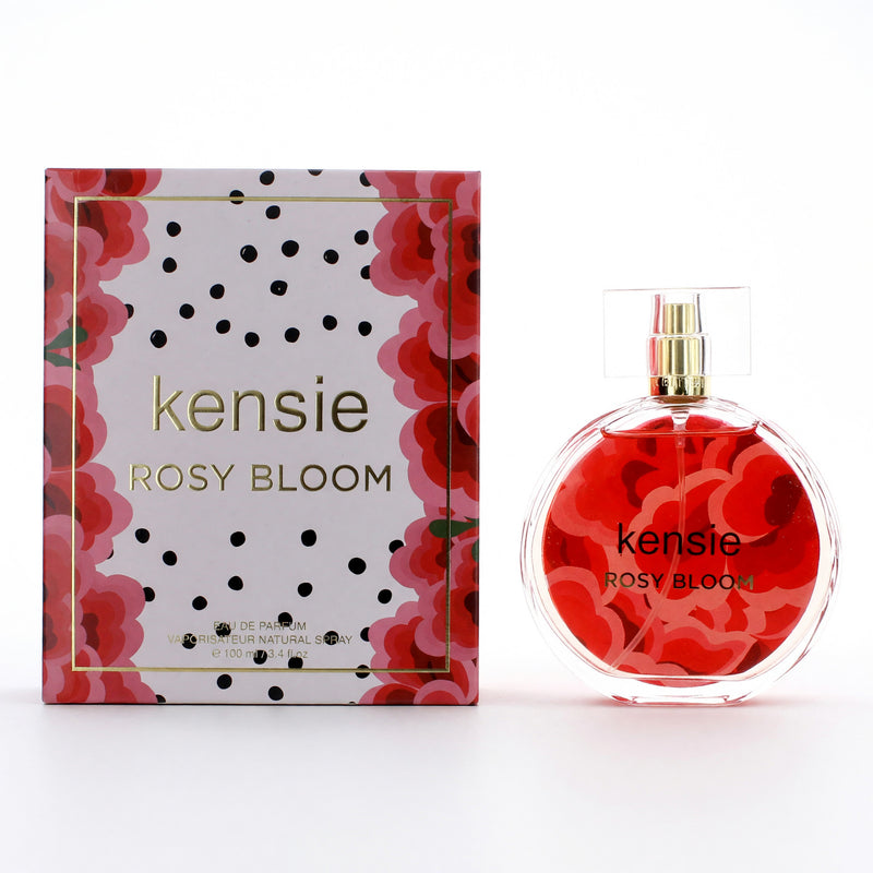 Kensie Rosy Bloom women's 3.4 oz EDP spray bottle with pink floral design, elegant perfume packaging.