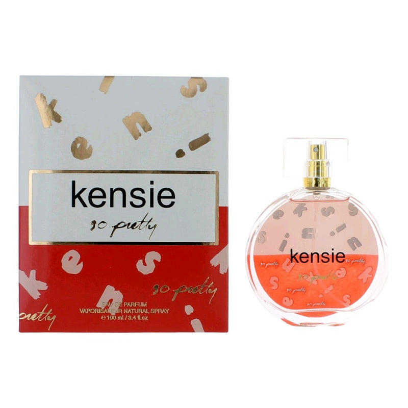 Kensie So Pretty women’s 3.4 oz EDP spray bottle with elegant packaging and fragrance details visible.