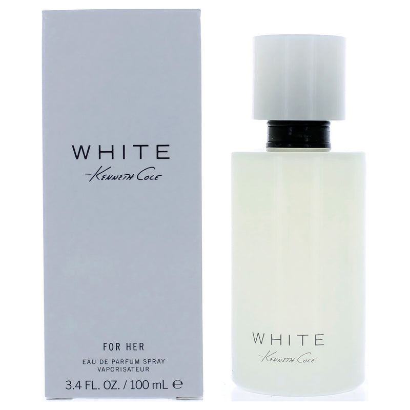 Kenneth Cole White women’s 3.4 oz Eau de Parfum spray bottle with a sleek white design.