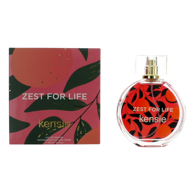 Kensie Zest for Life 3.4 oz women’s Eau de Parfum spray, featuring a sleek bottle with a vibrant, colorful design.