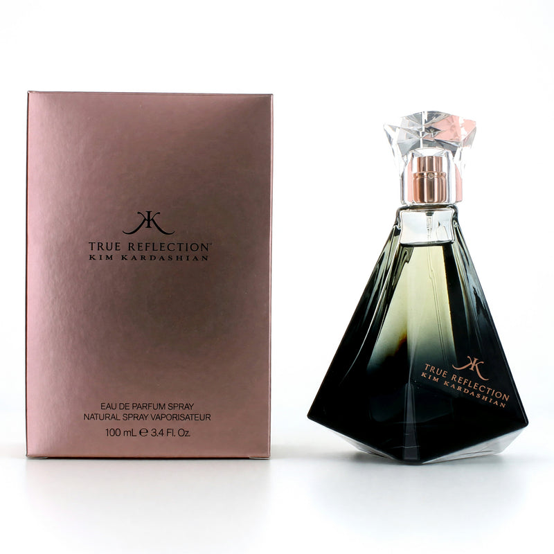 Kim Kardashian True Reflection 3.4 oz EDP spray for women shown in a sleek bottle with a silver cap.