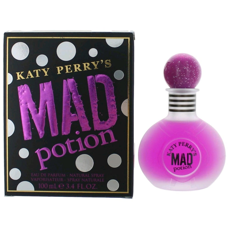 Katy Perry Mad Potion 3.4 oz Eau de Parfum spray for women, featuring a sleek bottle with colorful floral design.
