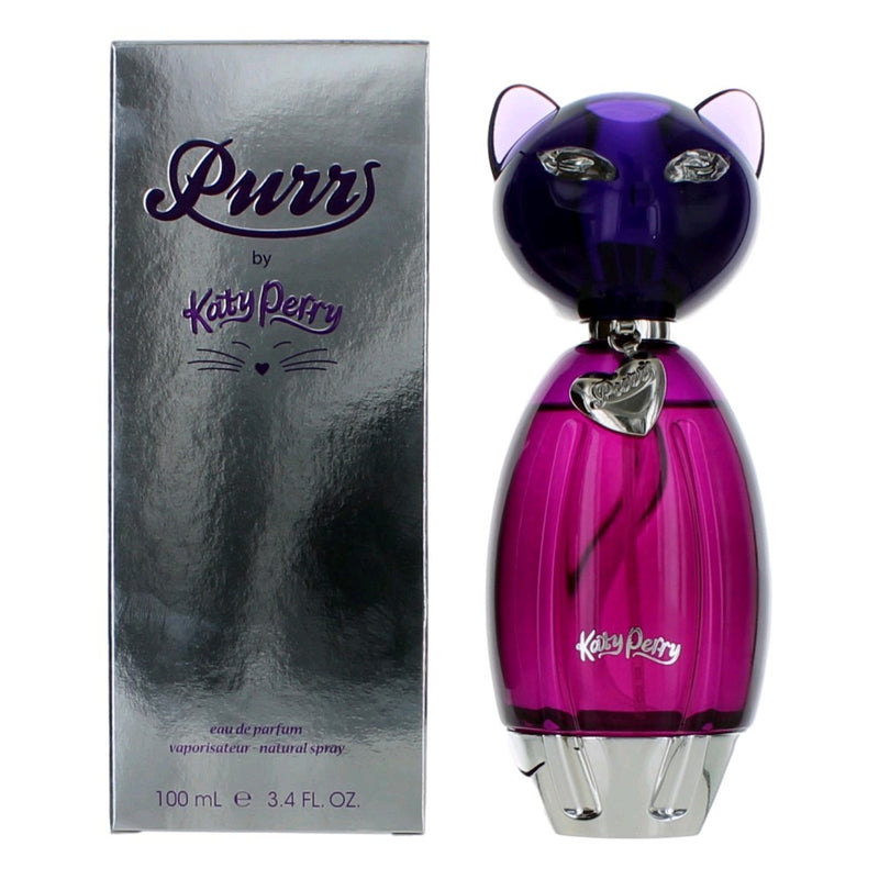 Katy Perry Purr 3.4 oz women's EDP spray with floral and fruity fragrance, featuring a sleek, elegant bottle design.