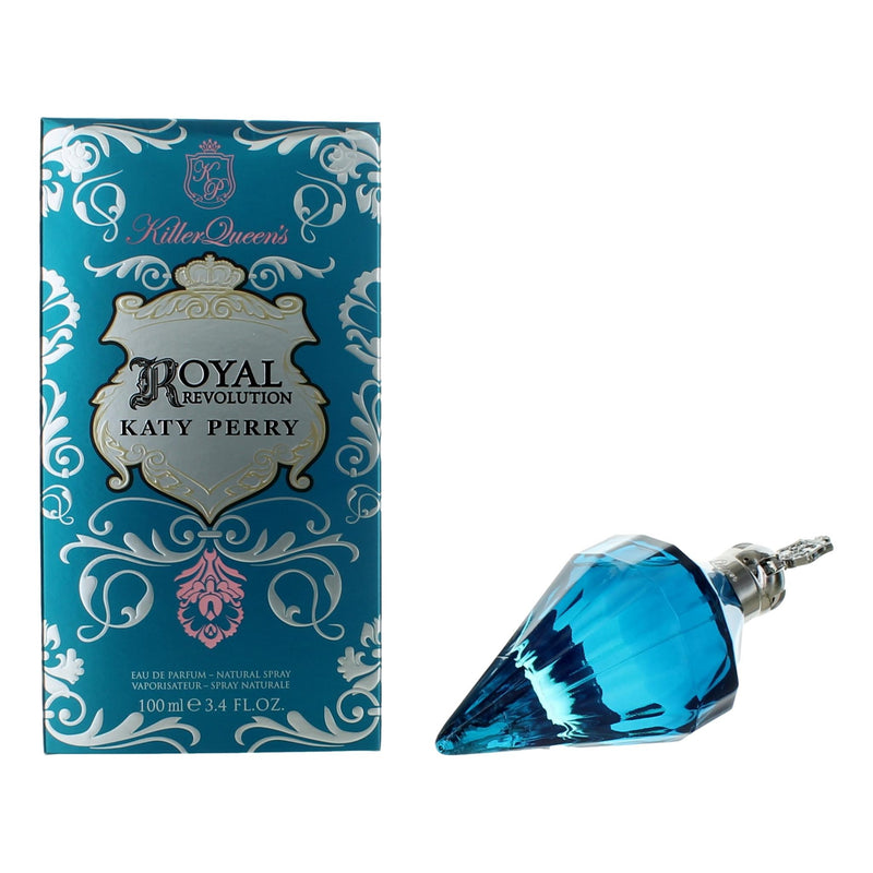 Katy Perry Royal Revolution 3.4 oz Eau de Parfum spray for women, featuring a sleek bottle with vibrant floral and regal design.