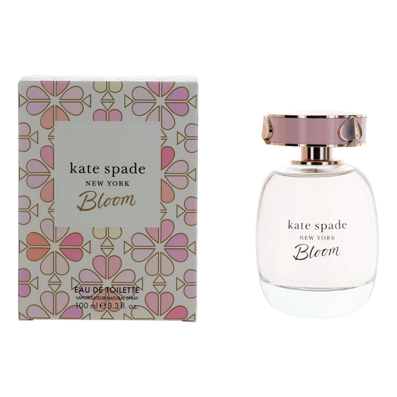 Kate Spade Bloom 3.3 oz women's EDT spray bottle, elegant perfume with floral design, on a white background.