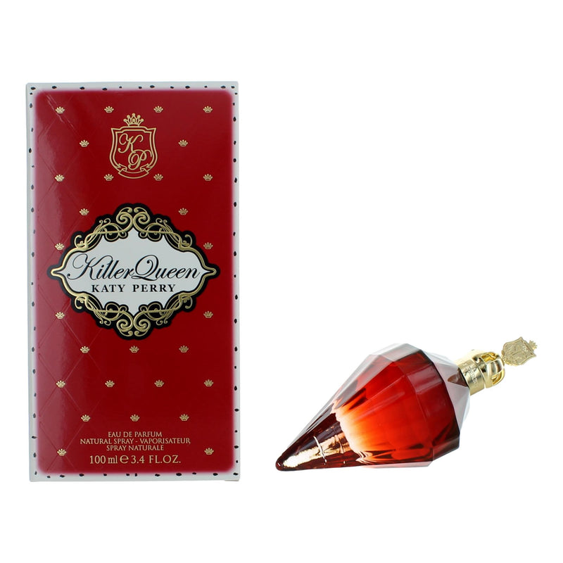Katy Perry Killer Queen 3.4 oz women’s EDP spray bottle with floral and fruity design, showcasing the perfume packaging.