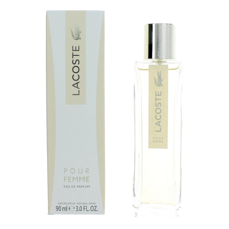 Lacoste Pour Femme 3 oz Eau de Parfum spray for women, featuring a sleek bottle and elegant design.