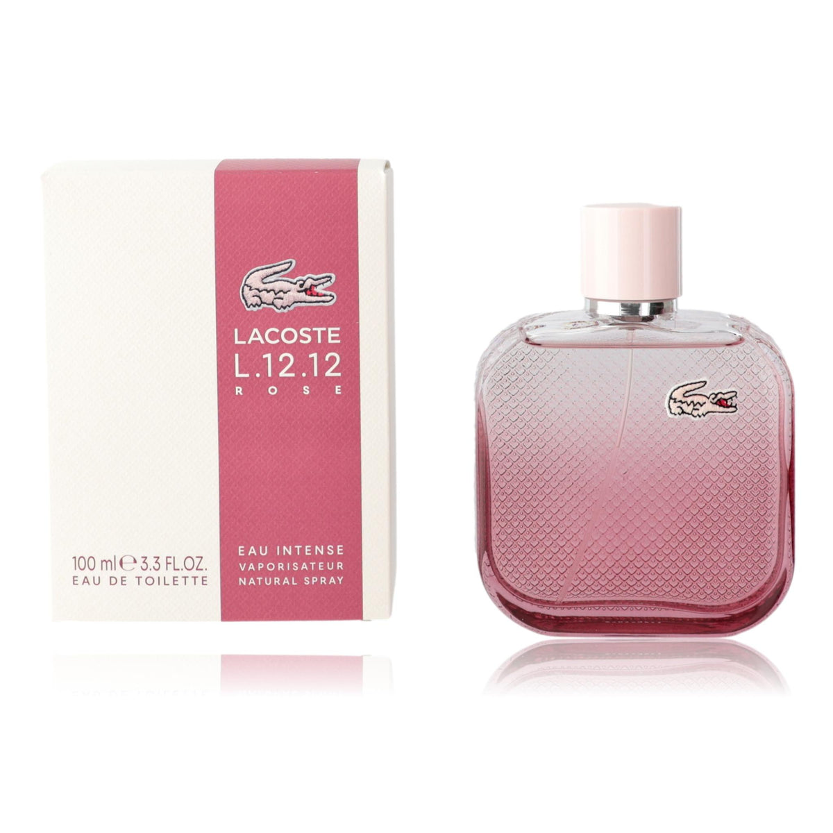 Lacoste L. 12.12 Rose women's 3.3 oz EDT spray bottle with pink accents and floral design, displayed on a white background.