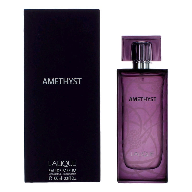 Lalique Amethyst 3.3 oz women’s EDP spray bottle with elegant purple and gold design, showcasing the luxurious fragrance container.