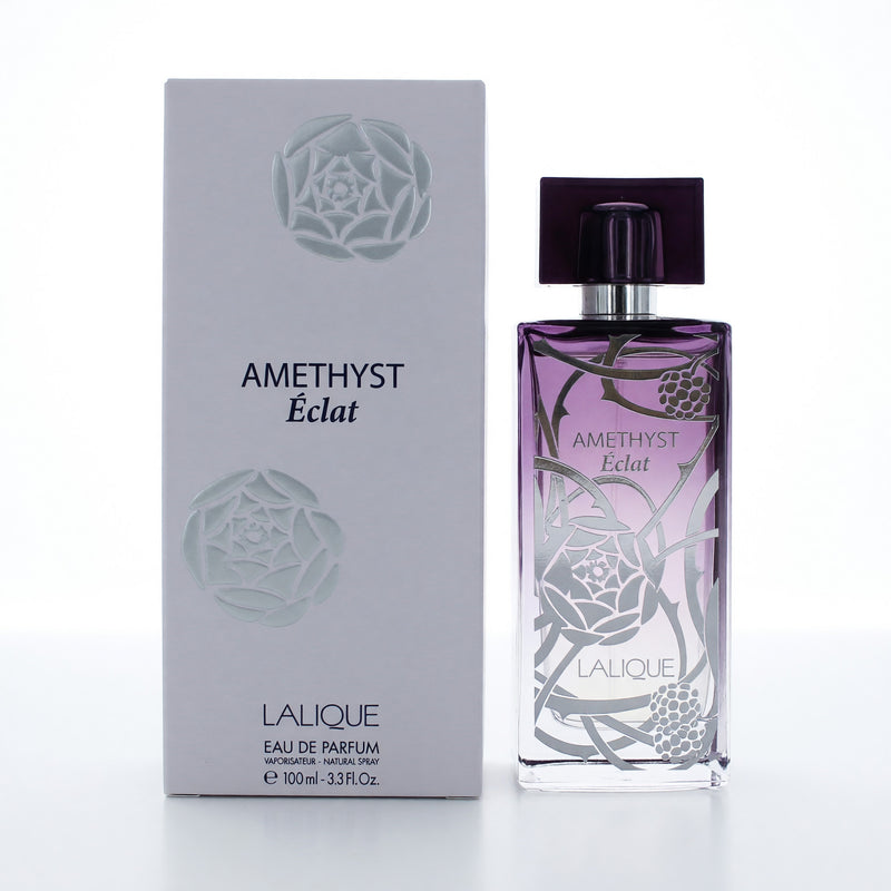Amethyst Eclat Lalique 3.3 oz women's perfume spray featuring a clear glass bottle with purple accents and elegant design.