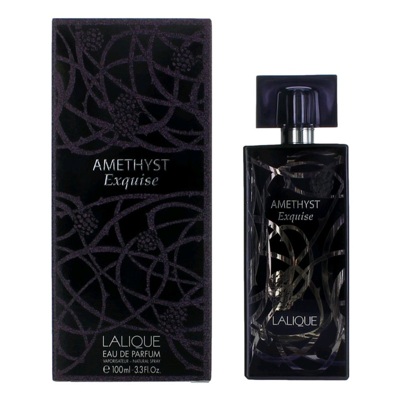 Lalique Amethyst Exquise 3.3 oz women’s EDP spray bottle with elegant purple and gold packaging.