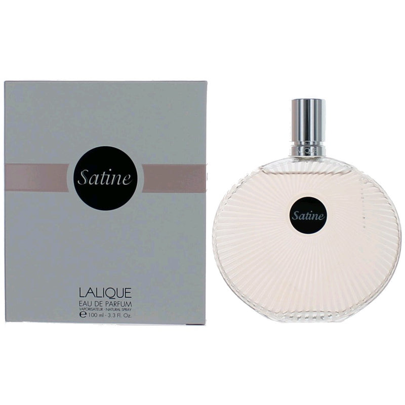 Lalique Satine 3.3 oz women's EDP spray bottle with elegant glass design and gold accents.