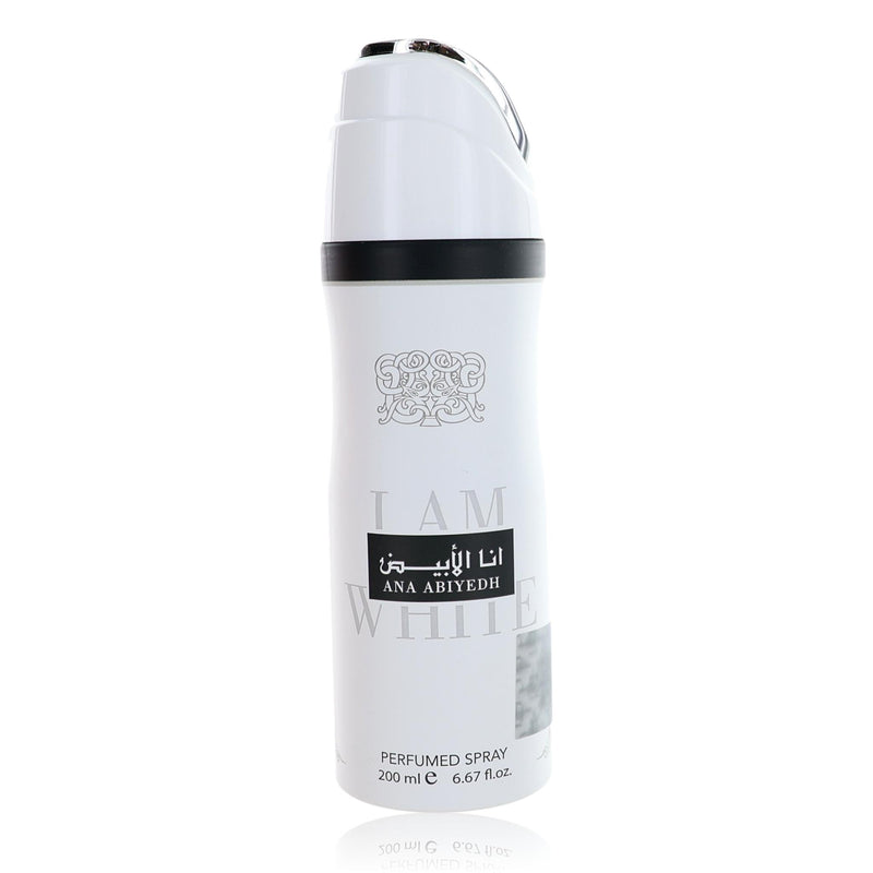 Lattafa Ana Abiyedh I Am White unisex perfumed deodorant spray in 6.7oz bottle, featuring elegant white packaging.