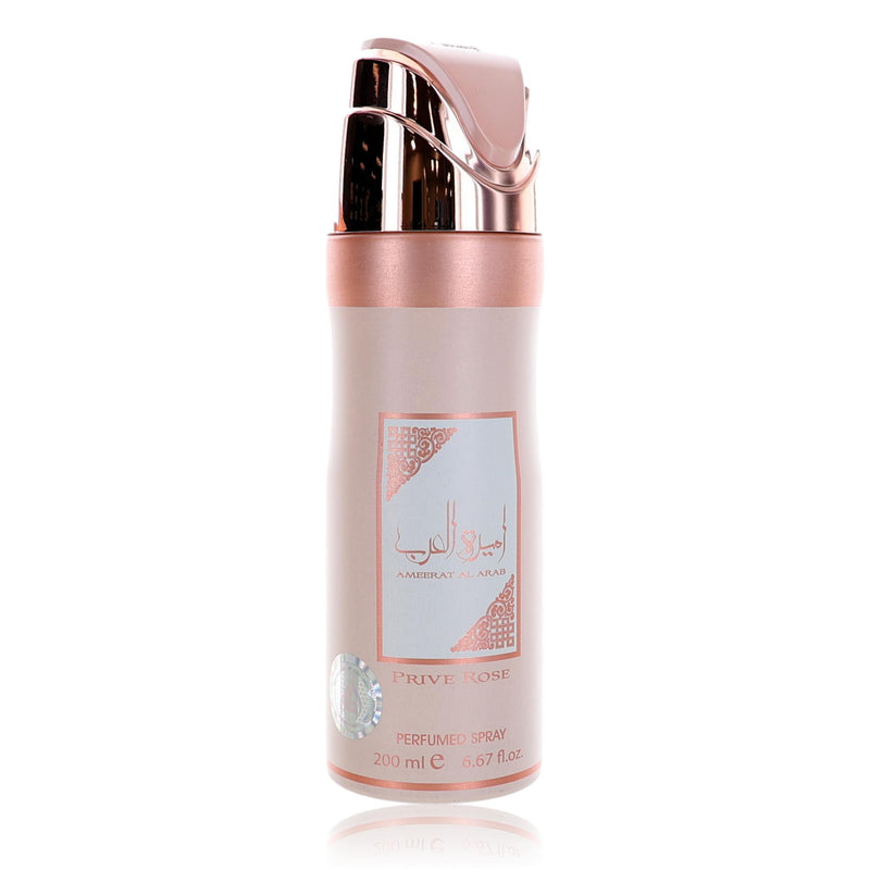 Lattafa Ameerat Al Arab Prive Rose perfume deodorant spray for women, 6.7oz, in a stylish spray bottle with floral design.