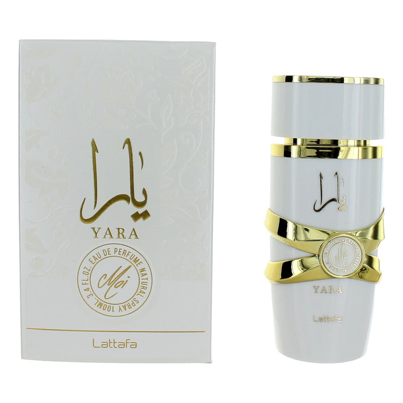 Yara Moi by Lattafa Eau de Parfum spray for women, 3.4 oz bottle, elegant perfume with floral and fruity notes.