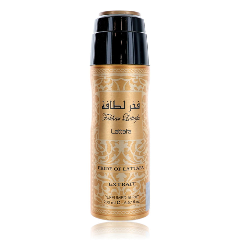 Lattafa Fakhar Extrait perfumed deodorant spray for women, 6.7 oz bottle with elegant packaging visible.