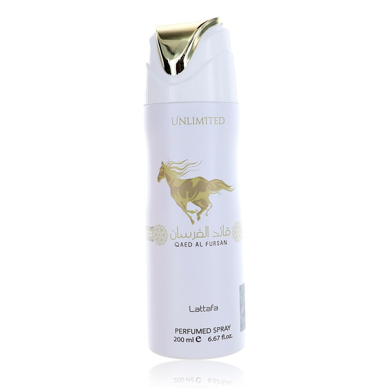 Qaed Al Fursan Unlimited women’s perfumed deodorant spray by Lattafa, 6.7oz, showing the aerosol can with floral design.