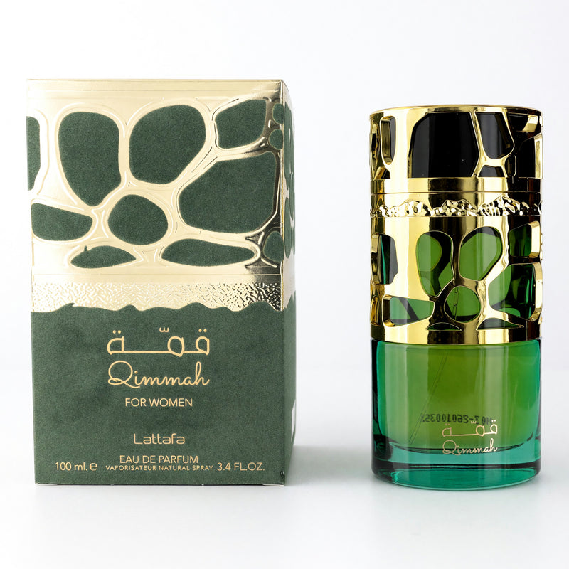 Lattafa Qimmah women’s 3.4 oz EDP spray bottle, elegant packaging, showcasing the fragrance for women from Lattafa.