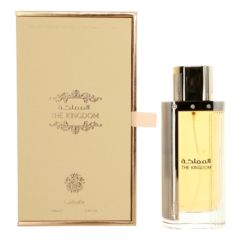 Lattafa The Kingdom 3.4 oz women's EDP spray bottle with elegant packaging and floral design.