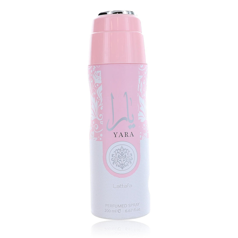 Yara by Lattafa 6.7 oz perfumed deodorant spray for women, featuring elegant packaging and a floral fragrance design