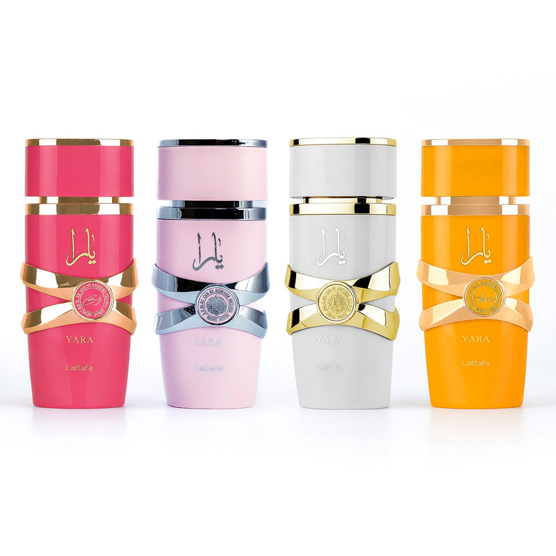 Yara Collection by Lattafa 4-piece gift set for women, featuring mini perfume bottles arranged together.