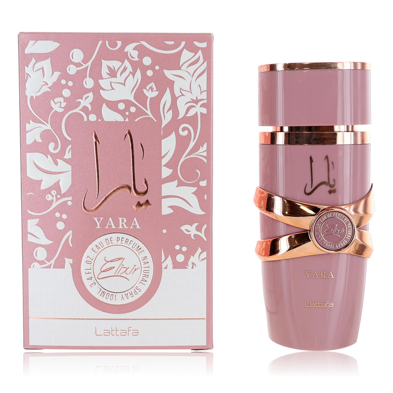 Yara Elixir by Lattafa women's 3.4 oz Eau de Parfum spray, elegant bottle with floral and fruity fragrance notes.