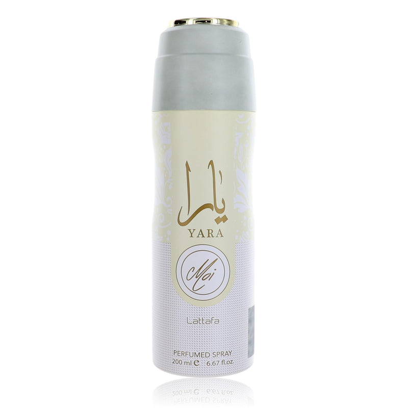 Lattafa Yara Moi women’s perfumed deodorant spray, 6.7 oz, featuring elegant packaging and floral scent.