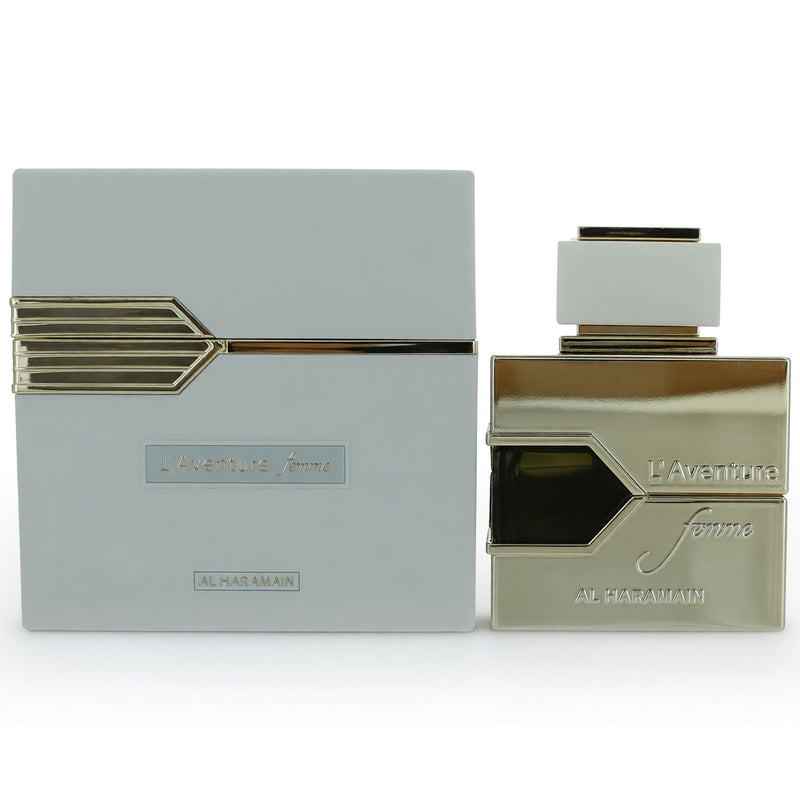 Al Haramain L'Aventure Femme 3.3 oz women's EDP spray bottle with elegant packaging and floral design.