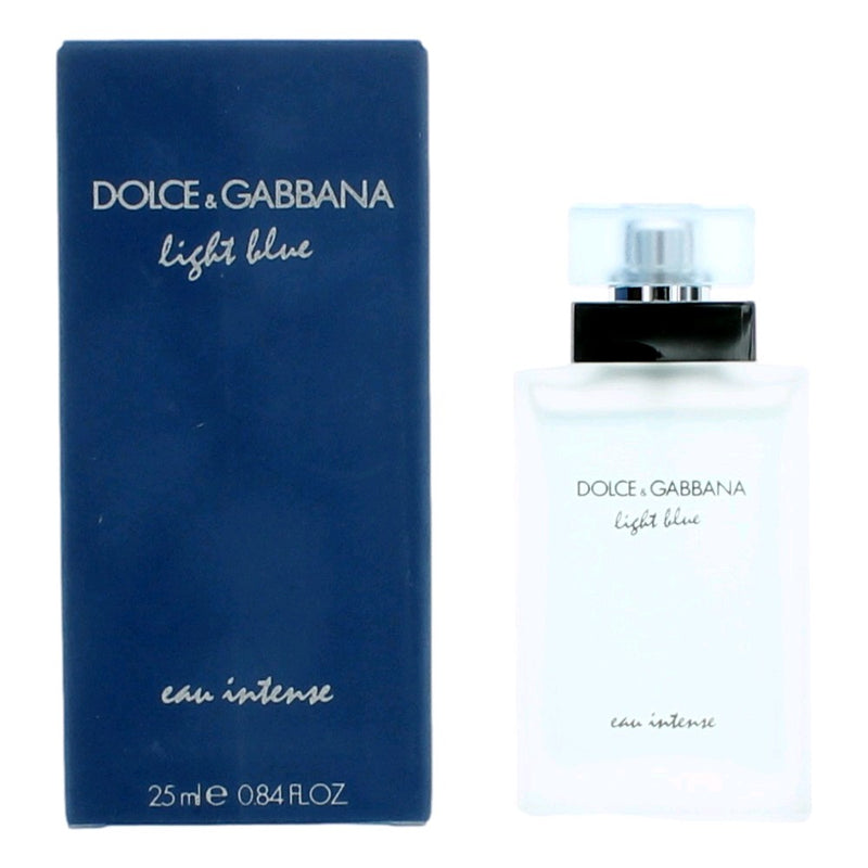Light Blue Eau Intense Dolce & Gabbana 0.84 oz women’s EDP spray bottle with light blue cap and elegant packaging.