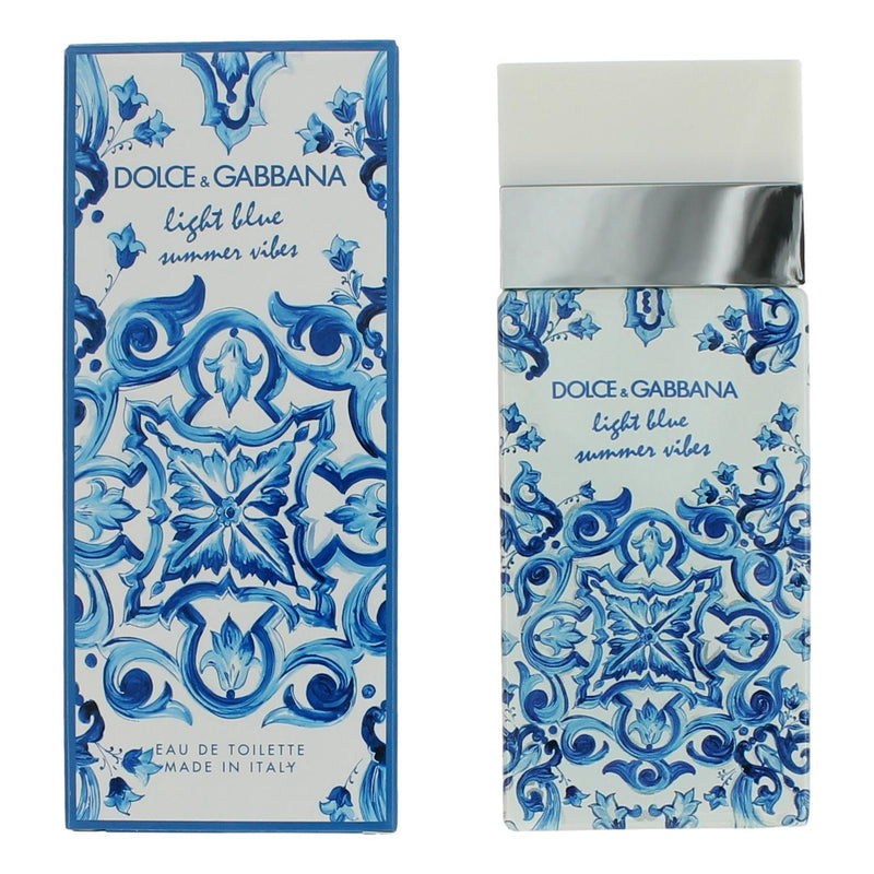 Light blue summer vibes Dolce & Gabbana EDT spray for women, 3.3 oz bottle with vibrant blue design and floral accents.