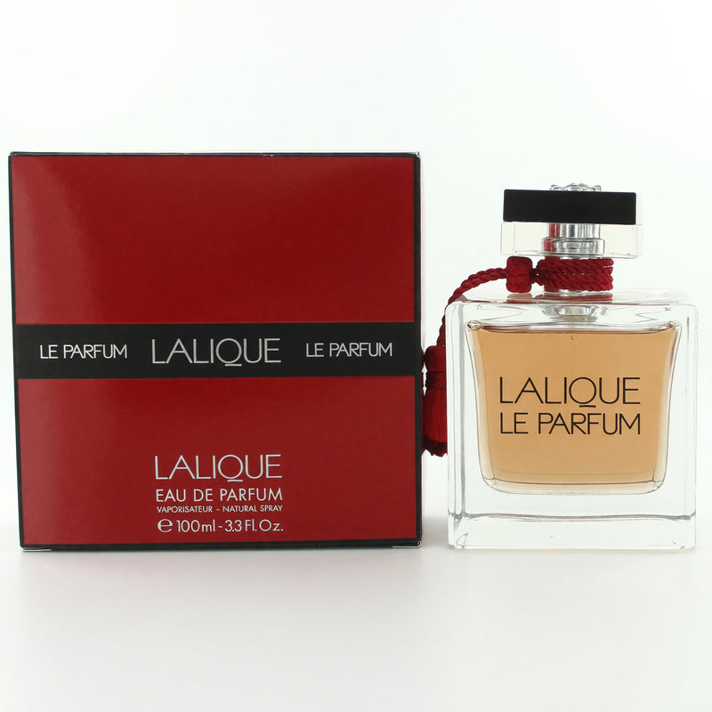 Lalique Le Parfum women’s 3.3 oz EDP spray bottle, elegant glass container with floral design, for a luxurious fragrance experience