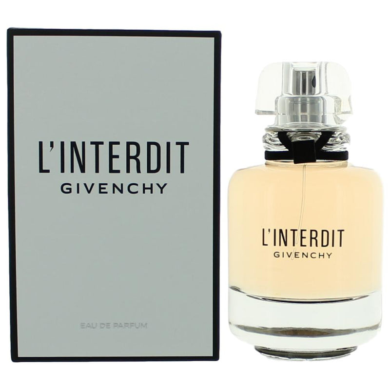Givenchy L'Interdit women’s 2.6 oz Eau de Parfum spray bottle, elegant packaging and floral fragrance design.