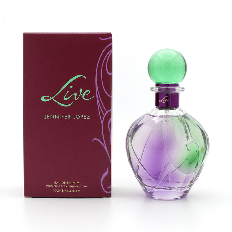 Jennifer Lopez Live by J.Lo 3.4 oz women’s EDP spray bottle, elegant packaging, showcasing the perfume for women.