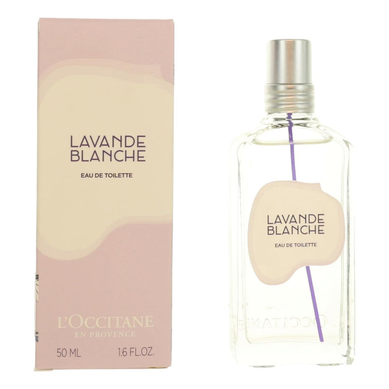 L'Occitane Lavande Blanche 1.6 oz women's EDT spray bottle with elegant purple packaging and floral design.